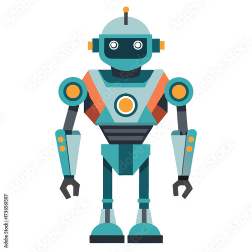 Friendly futuristic robot character with teal and orange accents, perfect for technology, AI, or children's content, hinting at innovation and playful design, vector origin
