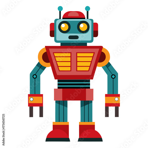 Retro robot toy with bright colors, a friendly face, and futuristic design provides a fun and nostalgic look at robotics and technology, great for children's content and retro designs