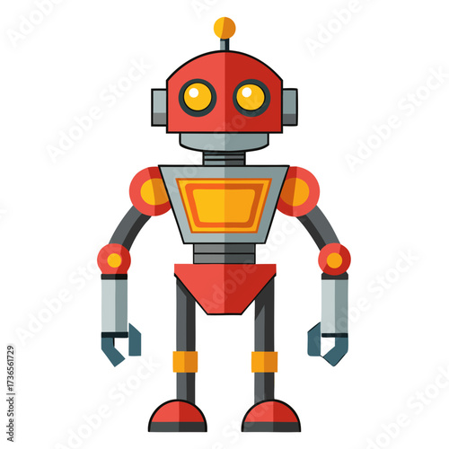 Charming red and gray robot with bright yellow accents, a friendly futuristic design perfect for children's products, playful technology concepts, and innovative educational resources