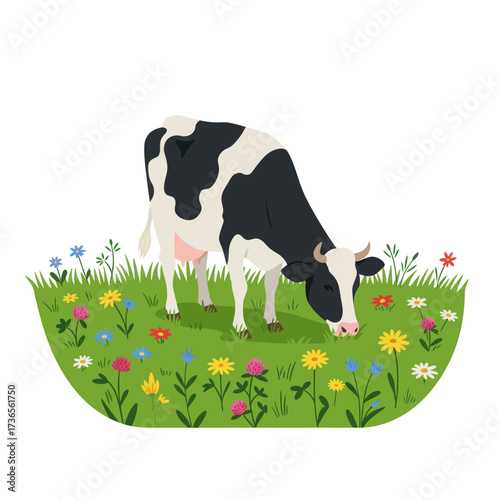 Illustrated black and white dairy cow grazing on vibrant green grass with colorful wildflowers.