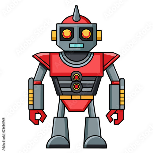 Retro robot character with friendly face ready for futuristic adventures, ideal for children's books, toy designs, and engaging digital content, sparking imagination and fun