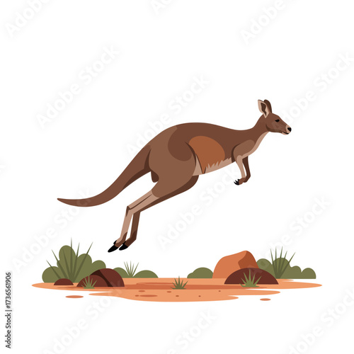Stylized brown kangaroo illustration in a dynamic leaping pose with powerful hind legs.