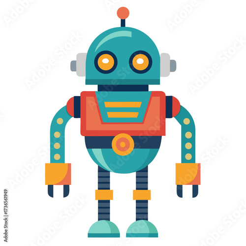 Playful Teal Robot Character with Orange Accents, Perfect for Children's Content and Retro Tech Designs, Adds a Fun, Modern Touch to Any Project, Originally a Scalable Graphic