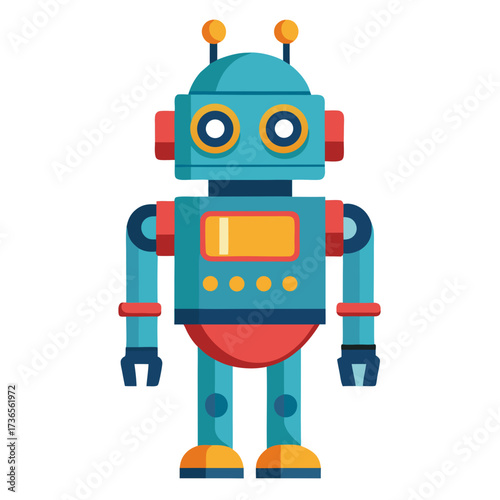 Adorable retro robot toy with antenna and screen ready for futuristic adventures, perfect for children's books, tech startups, and educational content, originally a scalable vector
