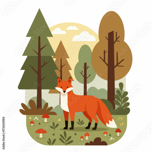 Stylized red fox with a white chest, black paws, and a bushy, white-tipped tail in a flat design.