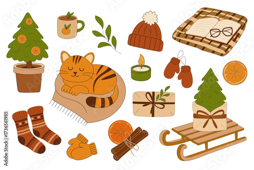 Vector set with cozy winter illustrations including cat, tree, cocoa, mittens, candle, socks, sled and gifts in warm festive style