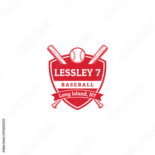 A baseball organization's logo features a shield with crossed bats and a baseball. The name is prominently displayed above a banner indicating the location, all in a vintage style.