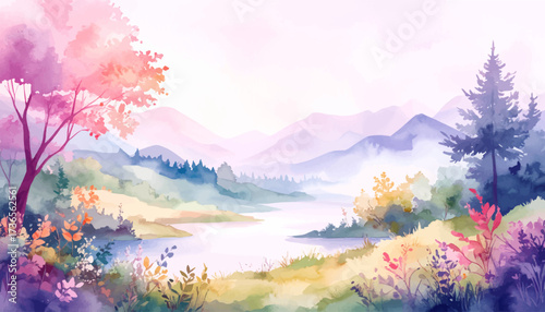 Serene lakeside with vibrant autumn colors. Peaceful watercolor landscape at dawn. Tranquil mountain scenery in soft pastel hues. Scenic river surrounded by autumn foliage. Misty mountains