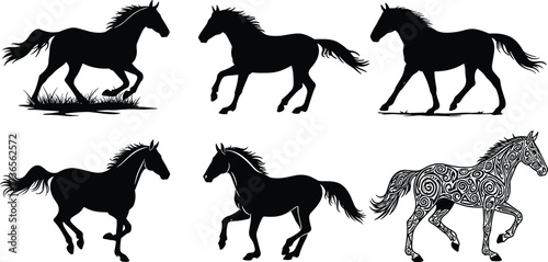 Silhouette horses running trotting galloping dynamic poses collection with decorative patterned design equine movement rural culture vector illustration set