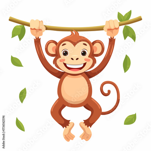 Playful Monkey Swinging Cheerful Cartoon Vector of a Primate Having Fun on a Vine