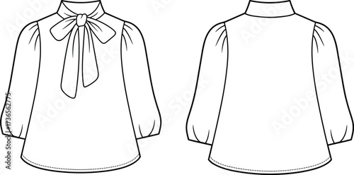 Elegant blouse fashion illustration, technical flat sketch, bow tie neckline, puff sleeve design, garment construction drawing, stylish women’s clothing template