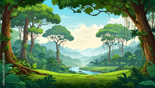 Lush tropical jungle with winding river. Serene jungle landscape with mountain backdrop. Jungle and river forming tranquil nature view. Tropical jungle near flowing river and mountains.