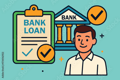 Man happy with approved bank loan application on clipboard and bank building