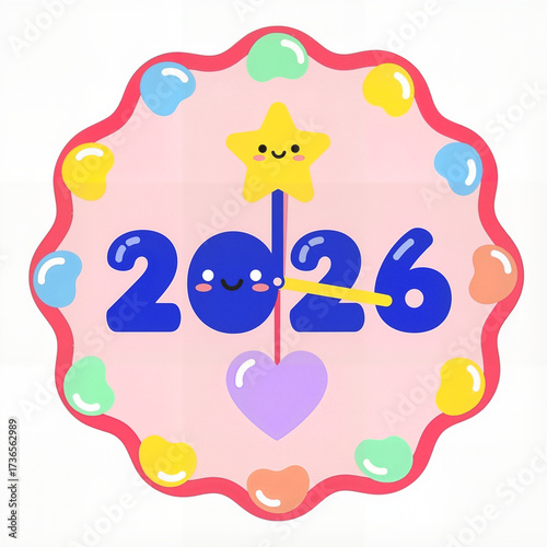 Cute Kawaii Abstract Clock Face with Bold Digits 2026 in Vibrant Colors, Symbolizing New Year Joy and Future Happiness.