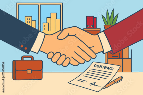 Business partners shaking hands over a signed contract in an office setting