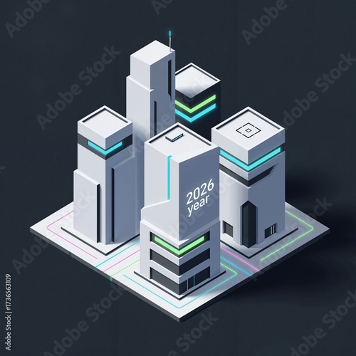 Isometric Vector Illustration Minimalist Futuristic Cityscape in White and Neon on a Dark Background with Copy Space