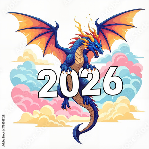 Majestic anime dragon soaring powerfully representing 2026 against stylized colorful clouds with copy space