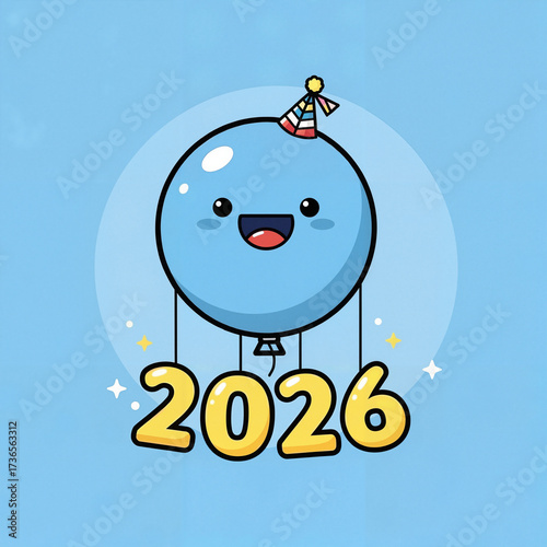 Cheerful kawaii blue balloon floating and playfully lifting up the year 2026, against a light blue background