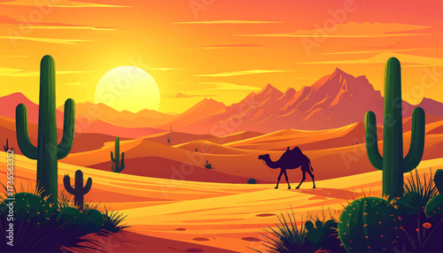 Vibrant desert sunset with camel silhouette. Golden desert dunes and camel in the sunset. Stunning desert view. Camel walking through desert during sunset. Desert beauty: Camel under vibrant skies