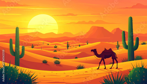Vibrant Camel Walking Through Colorful Desert. Sunset Camel in Colorful Desert Landscape. Bright Camel Walking in Desert at Dusk. Colorful Desert Scene with Camel. Camel in Desert with Bold Sunset Sky