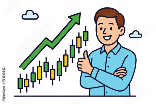 Man giving thumbs up with a rising stock market graph and candlestick chart
