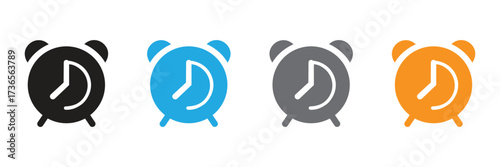 Time's ticking! Get organized with these vibrant alarm clock icons in black, blue, gray, and orange, perfect for websites, apps, presentations, and reminders.