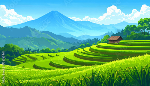 Scenic Rice Fields with Mountain Range. Lush Rice Terraces with Majestic Mountain Views. Stunning Rice Fields Surrounded by Nature. Breathtaking Green Terraces with Mountain Backdrop