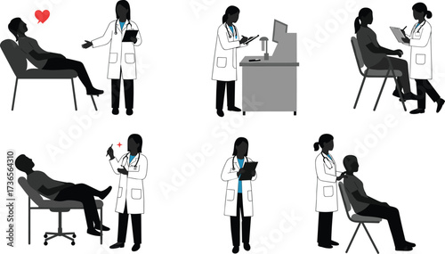Silhouette medical professionals consulting patients with clipboard and laptop, healthcare workers vector illustration, hospital consultation, doctor nurse teamwork communication scene