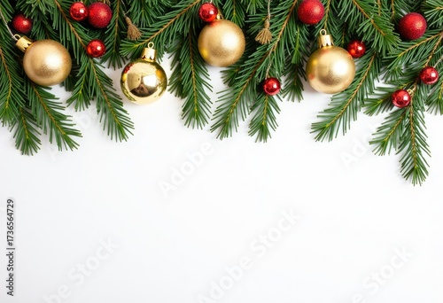 Christmas tree decorations and balls and pine branches top view on white background