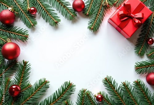 Christmas tree decorations and balls and pine branches top view on white background