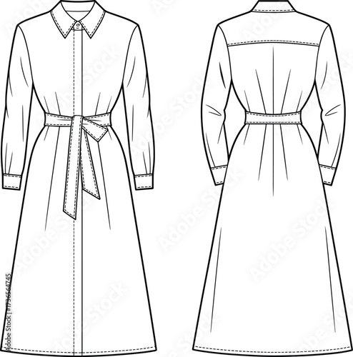 Elegant long sleeve collared dress, fashion flat sketch, belted waist design, technical apparel illustration, garment construction drawing, clothing template vector