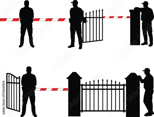 Silhouette people interacting with security gates, barriers, access control systems, entrance checkpoints, metal fences, restricted areas, urban infrastructure, safety design illustration