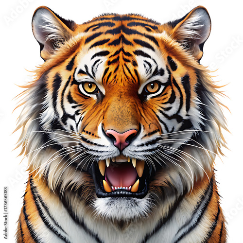 Fierce Tiger, roaring full face, cutout, PNG isolated on white or transparent background