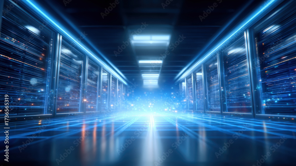 Obraz premium Futuristic data center corridor with illuminated server racks and glowing blue lights creates high tech atmosphere. sleek design emphasizes advanced technology and digital connectivity