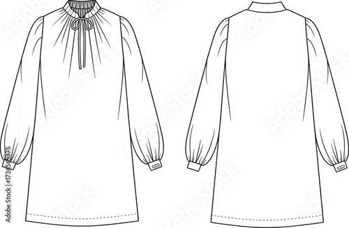 Elegant long sleeve dress illustration, fashion sketch with ruffled collar, bow tie neckline, voluminous sleeves, gathered cuffs, front and back view