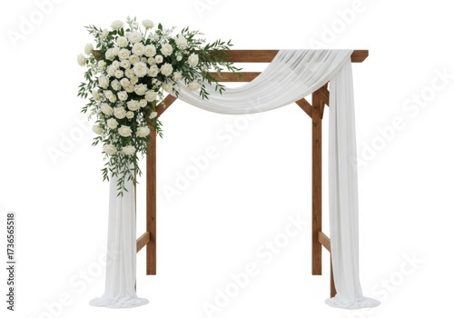 Rustic wooden wedding arch decorated with white flowers and draping fabric isolated on white background