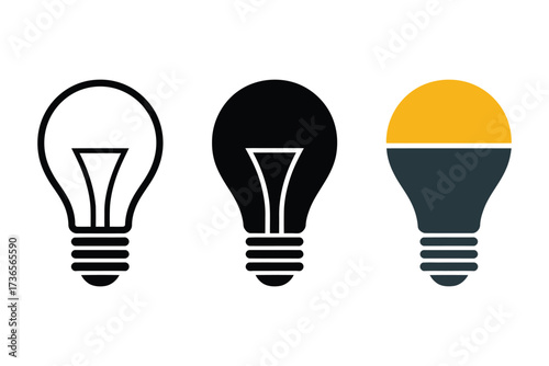Vector illustration of three light bulb icons representing idea innovation and creativity concept. Outline, Solid and Color Style vector.