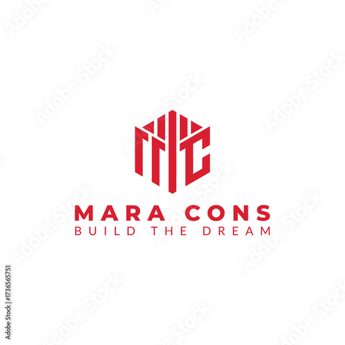 A modern geometric logo for a construction company. The initials MC are integrated powerfully into a three-dimensional hexagon, featuring a deep red gradient that conveys strength and professionalism.