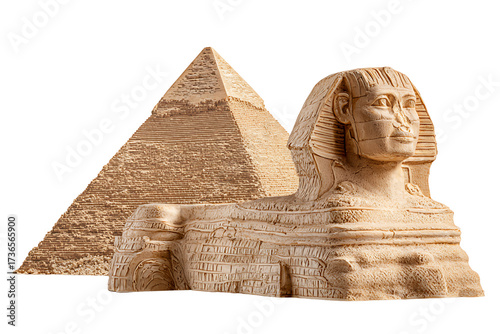 The Great Sphinx of Giza with a pyramid in the background, isolated on a transparent background.