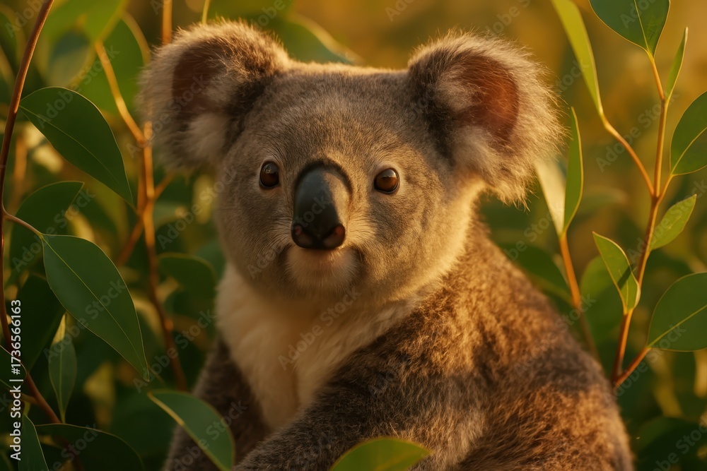 Fototapeta premium Koala resting in eucalyptus branches at golden hour soft fur detail and gentle gaze