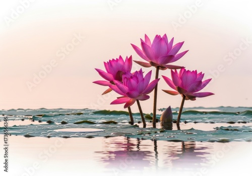 Pink water lilies blooming in calm water