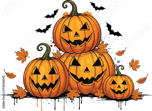 Spooky halloween pumpkins with bats and autumn leaves on a white background art