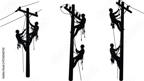 Silhouette utility workers climbing poles repairing electrical lines with safety harness teamwork high voltage maintenance power grid vector illustration design
