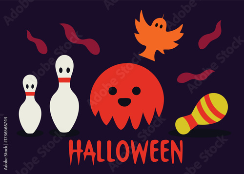 Halloween bowling party illustration featuring bowling pins, a ghost, a maraca, and a spooky pumpkin on a dark purple background