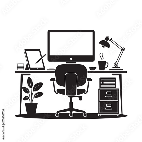 Vector art of a modern home office desk setup with a computer, tablet, chair, lamp, and plant, creating a productive workspace