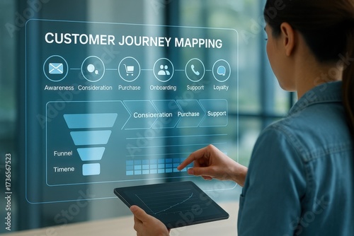 Analyzing customer journey mapping strategies business office digital marketing modern workspace close-up view engagement tactics for enhanced loyalty