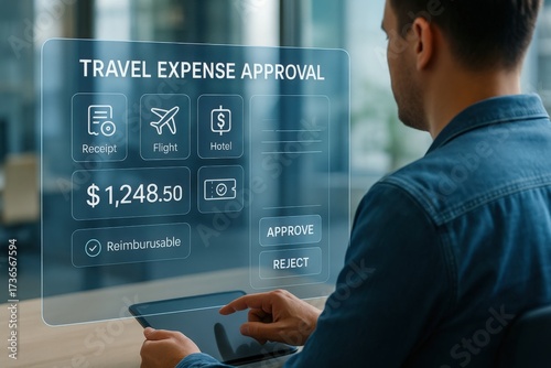 Travel expense approval process corporate office digital interface modern workspace user-friendly financial management