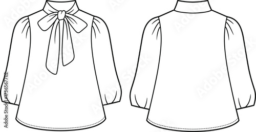 Elegant women’s blouse illustration, fashion flat sketch, puff sleeve design, bow tie neckline, apparel template, garment construction, technical drawing, vector
