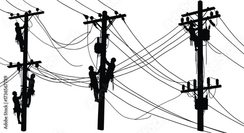 Silhouette utility workers climbing power poles with safety gear repairing electrical lines, teamwork maintenance illustration for energy industry infrastructure