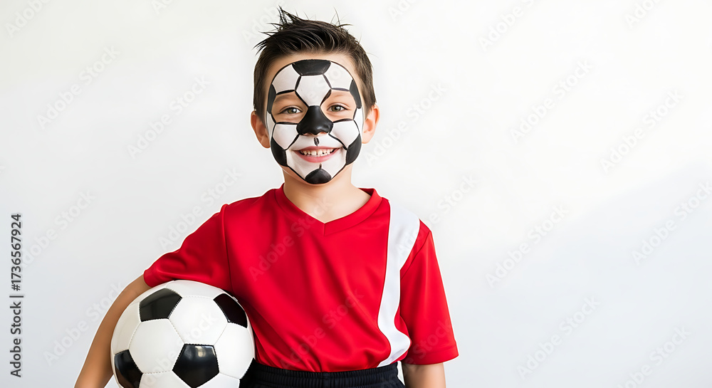 Obraz premium Children's day portrait of young boy with soccer ball face paint and red jersey ready for a soccer game or practice